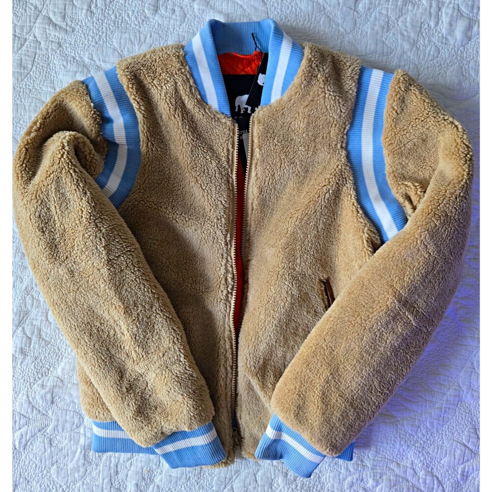 American Stitch Sherpa Bomber Jacket Full Zip Pockets Stand-Up Beige/Blue S